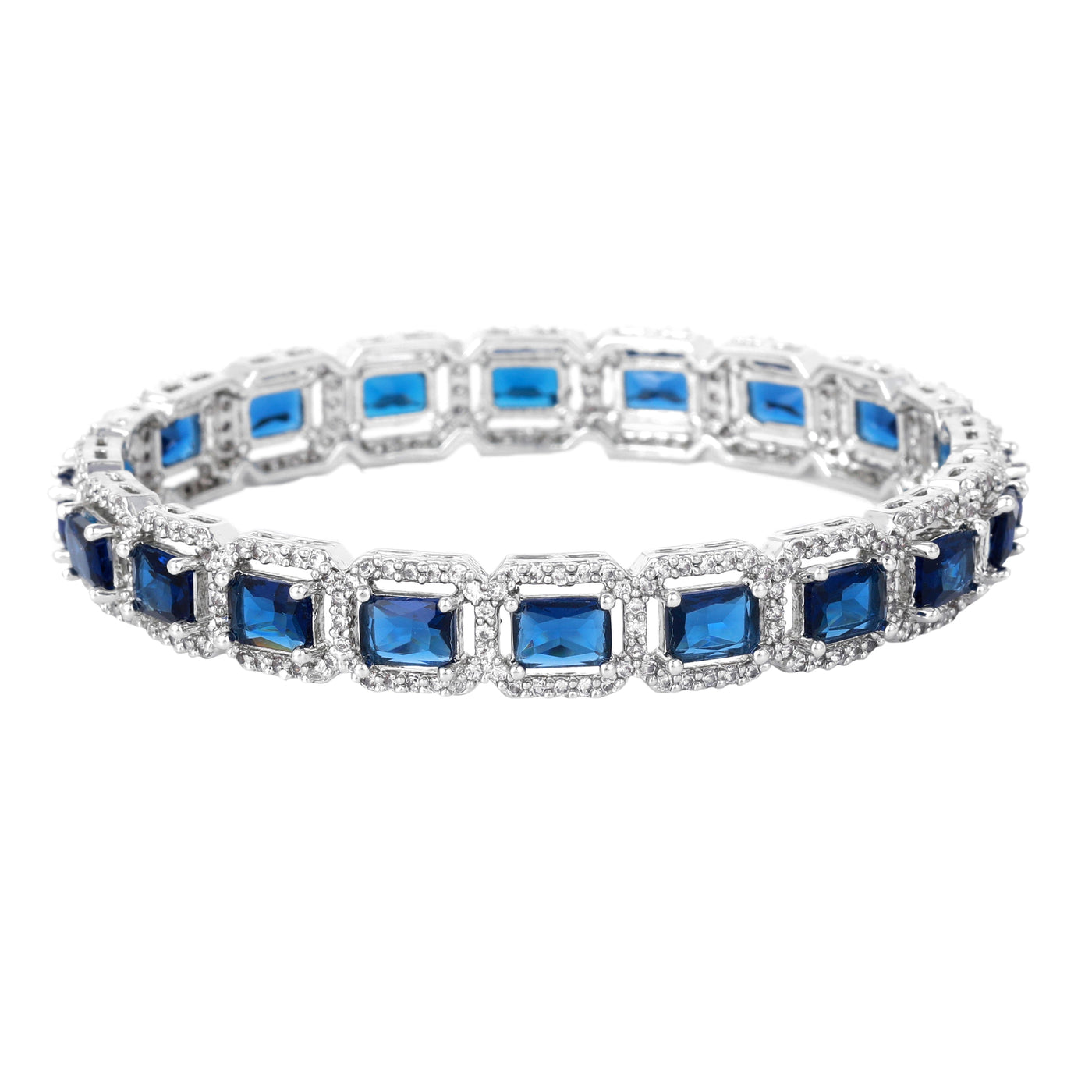 Estele Rhodium Plated CZ Radiant Square Designer Bangles with Blue Stones for Women