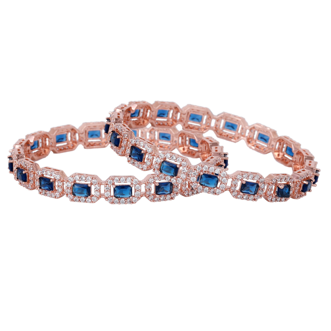 Estele Rose Gold Plated CZ Astonishing Bangles with Blue Stones for Women