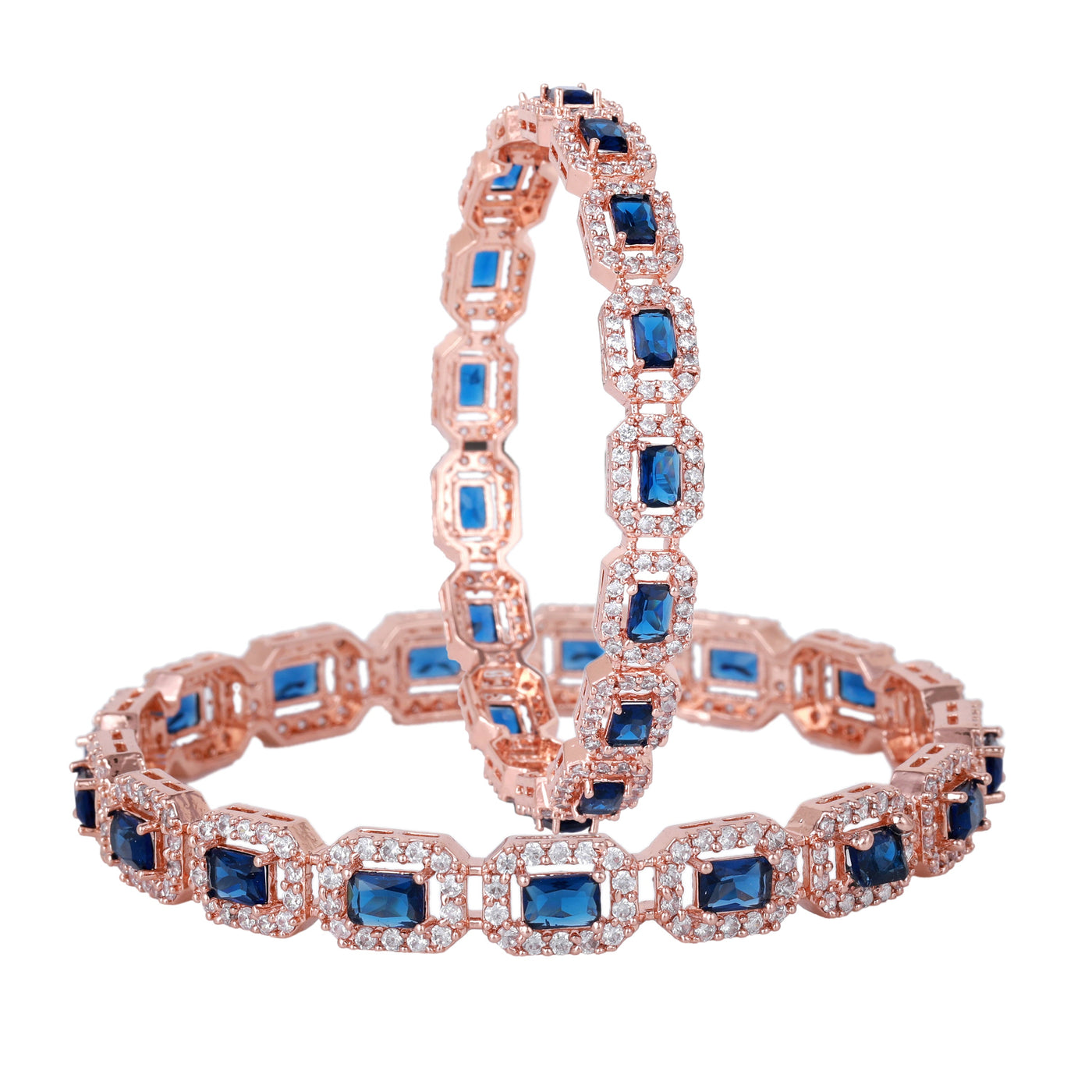 Estele Rose Gold Plated CZ Astonishing Bangles with Blue Stones for Women