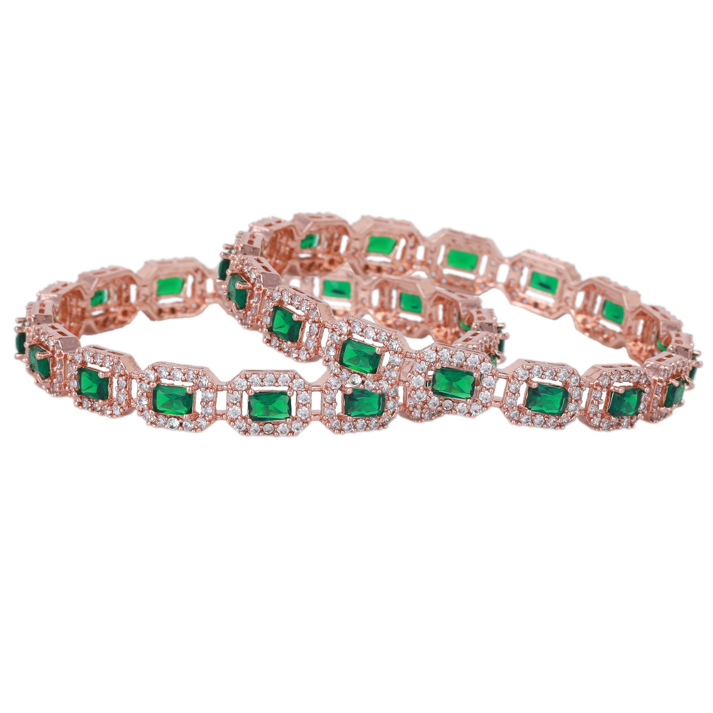 Estele Rose Gold Plated CZ Astonishing Bangles with Green Stones for Women