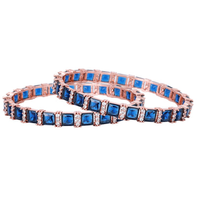 Estele Rose Gold Plated CZ Splendid Square Designer Bangles with Blue Stones for Women