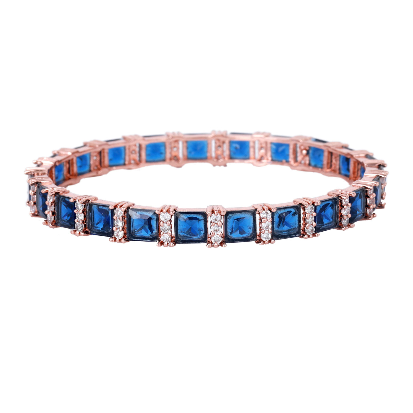 Estele Rose Gold Plated CZ Splendid Square Designer Bangles with Blue Stones for Women