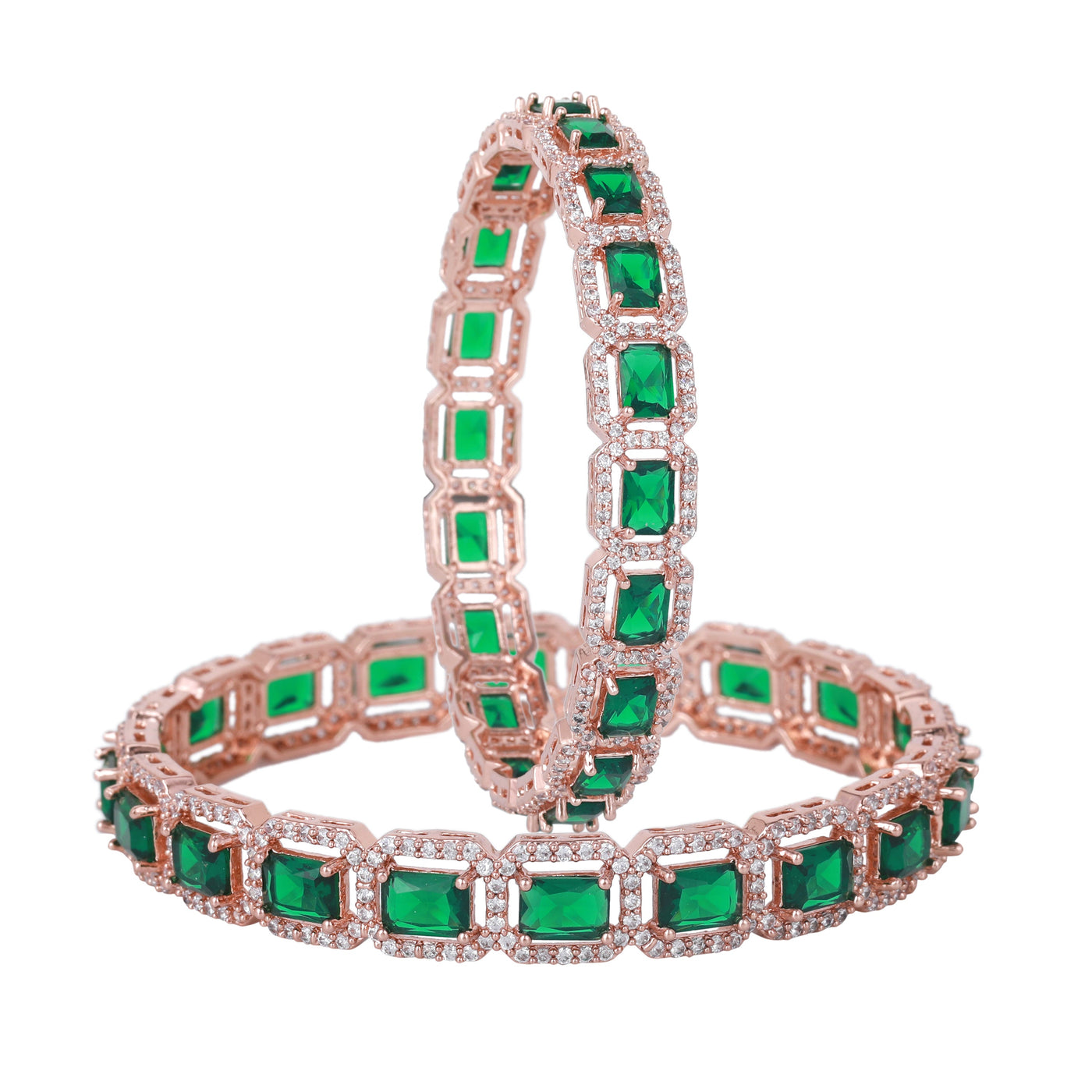 Estele Rose Gold Plated CZ Radiant Square Designer Bangles with Green Stones for Women