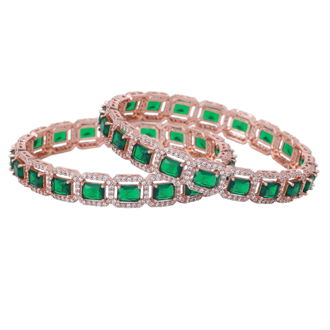 Estele Rose Gold Plated CZ Radiant Square Designer Bangles with Green Stones for Women