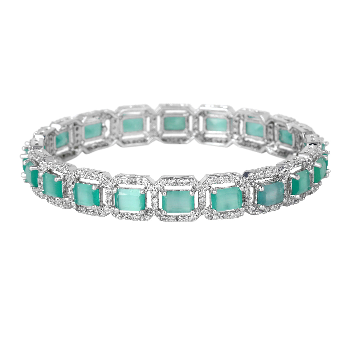 Estele Rhodium Plated Radiant Square Pattern Mint Green American Diamond Bangles |Available Sizes 2:4, 2:6 & 2:8| A Stunning Jewelry for Women