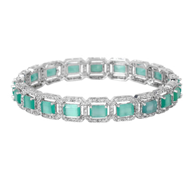 Estele Rhodium Plated CZ Radiant Square Designer Bangles with Mint Green Stones for Women