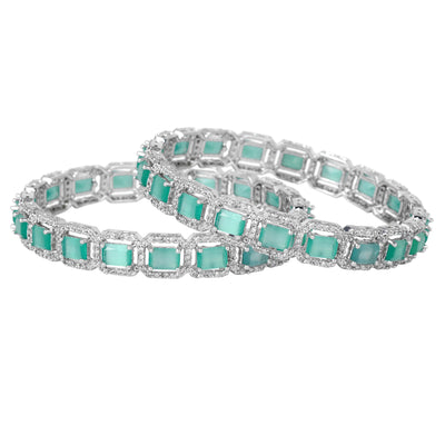 Estele Rhodium Plated CZ Radiant Square Designer Bangles with Mint Green Stones for Women