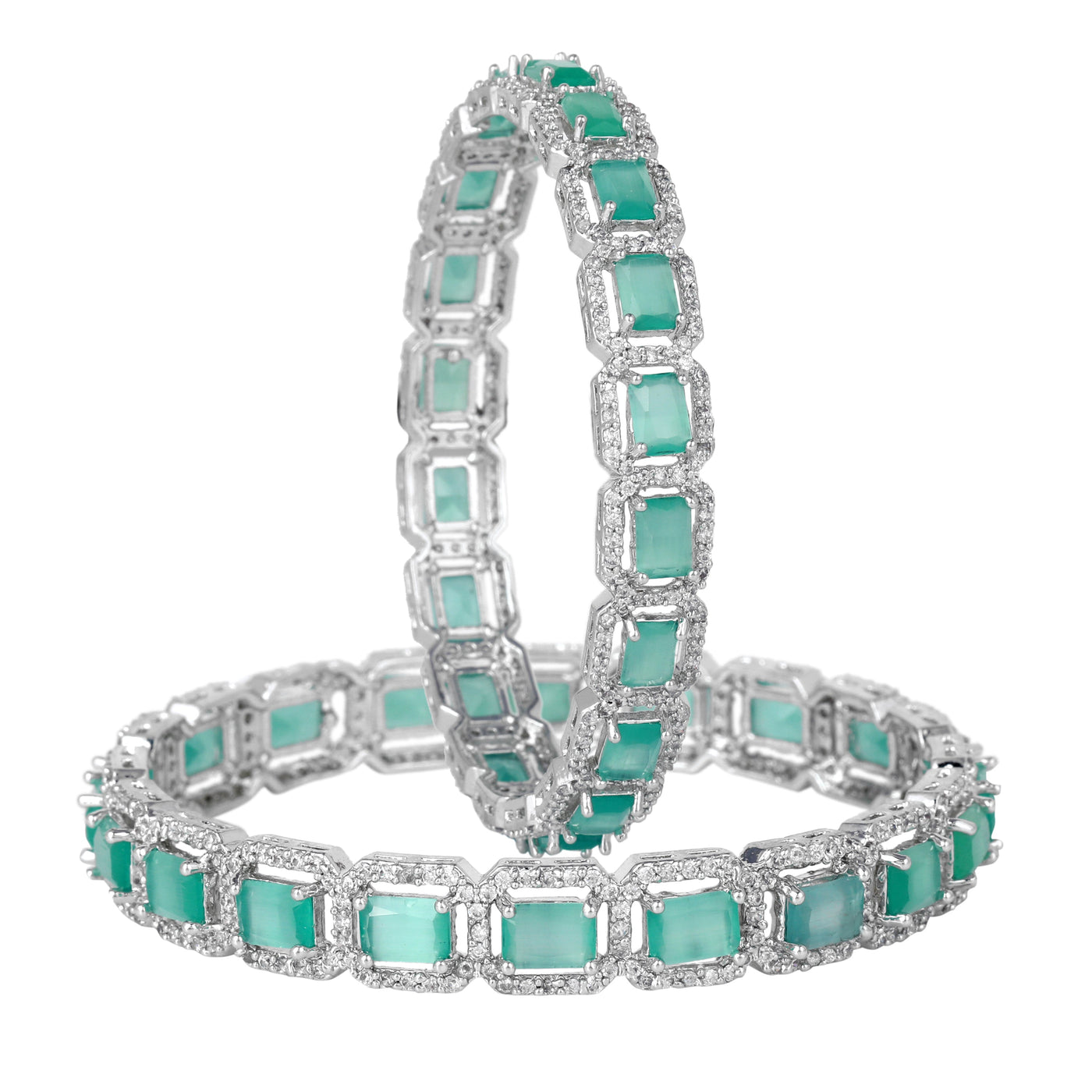 Estele Rhodium Plated Radiant Square Pattern Mint Green American Diamond Bangles |Available Sizes 2:4, 2:6 & 2:8| A Stunning Jewelry for Women