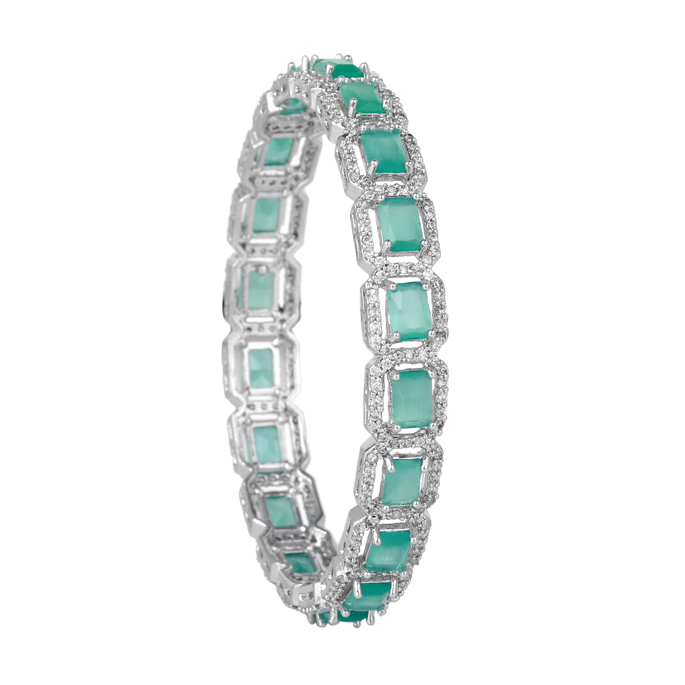 Estele Rhodium Plated Radiant Square Pattern Mint Green American Diamond Bangles |Available Sizes 2:4, 2:6 & 2:8| A Stunning Jewelry for Women