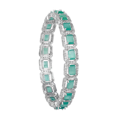 Estele Rhodium Plated CZ Radiant Square Designer Bangles with Mint Green Stones for Women