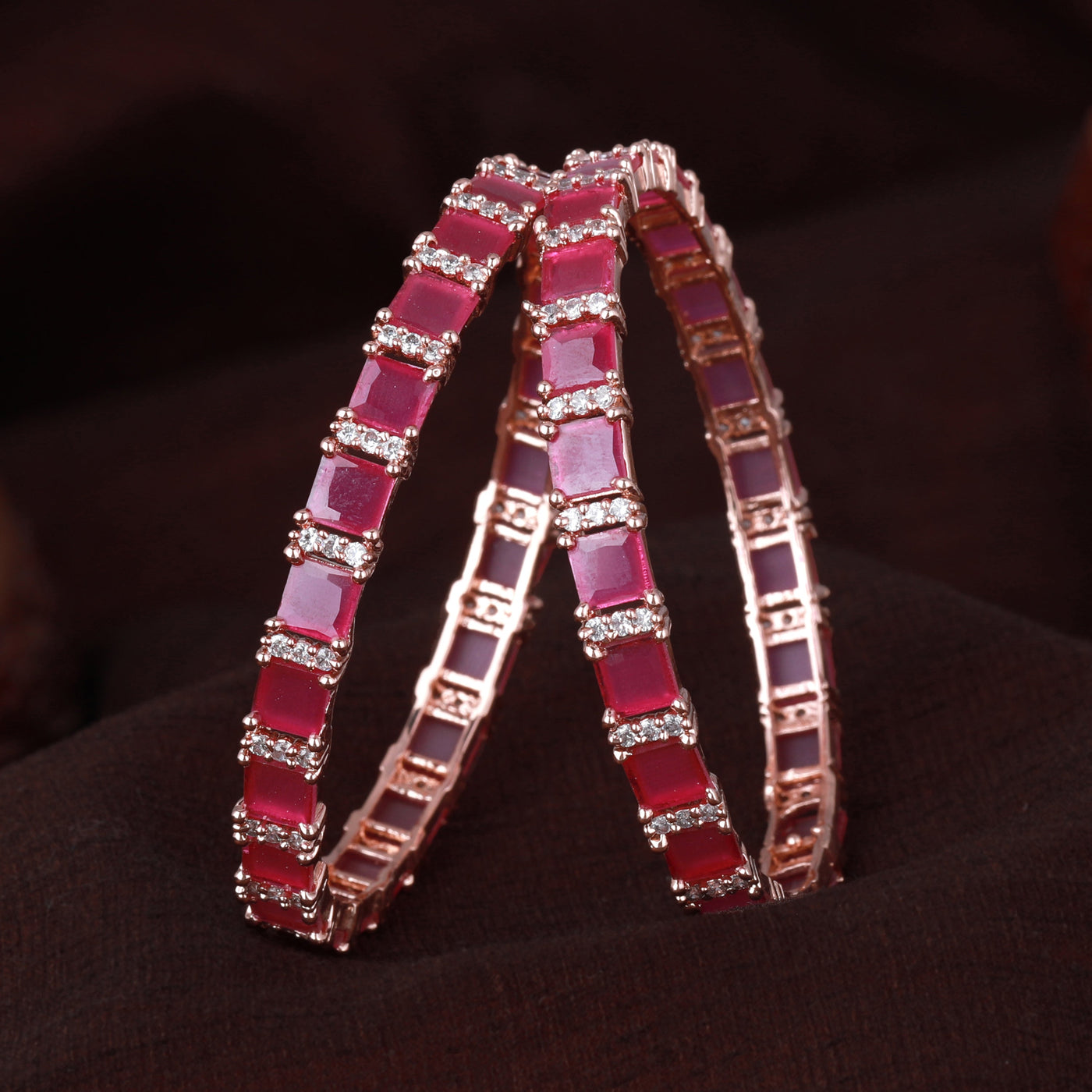 Estele Rose Gold Plated CZ Splendid Square Designer Bangles with Ruby Stones for Women