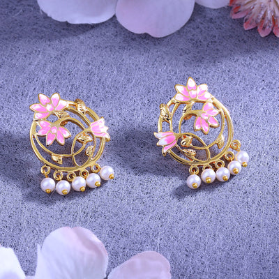 Estele Gold Plated Pink Enamelled Lotus & Creeper Designer Pearl Drop Earrings for Girl's & Women