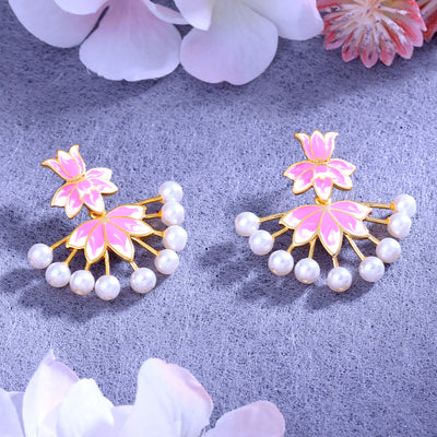Estele Gold Plated Lotus Designer Pearl Drop Earrings with Pink Enamel for Girl's & Women