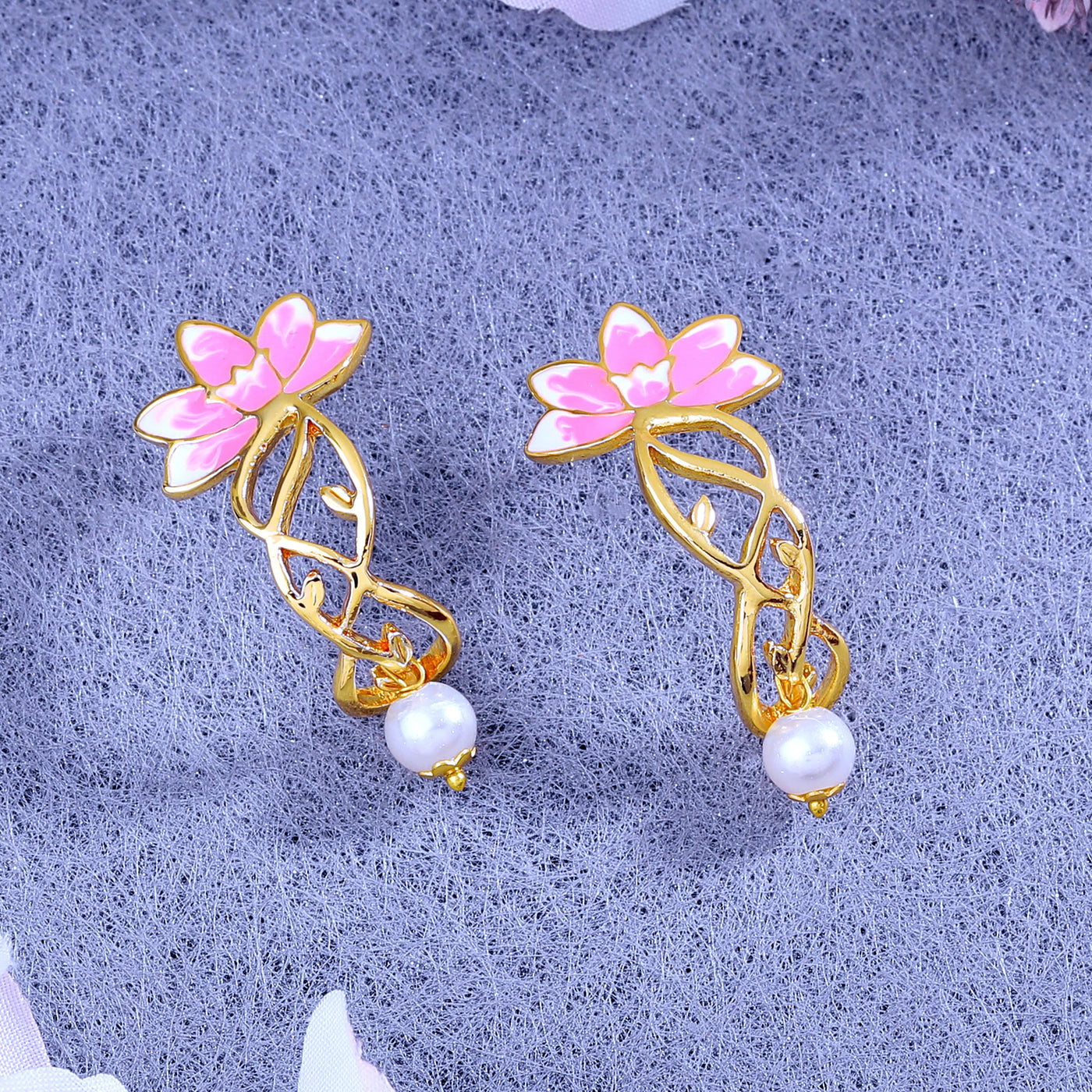 Estele Gold Plated Pink Enamelled Lotus Designer Pearl Drop Earrings for Girl's & Women