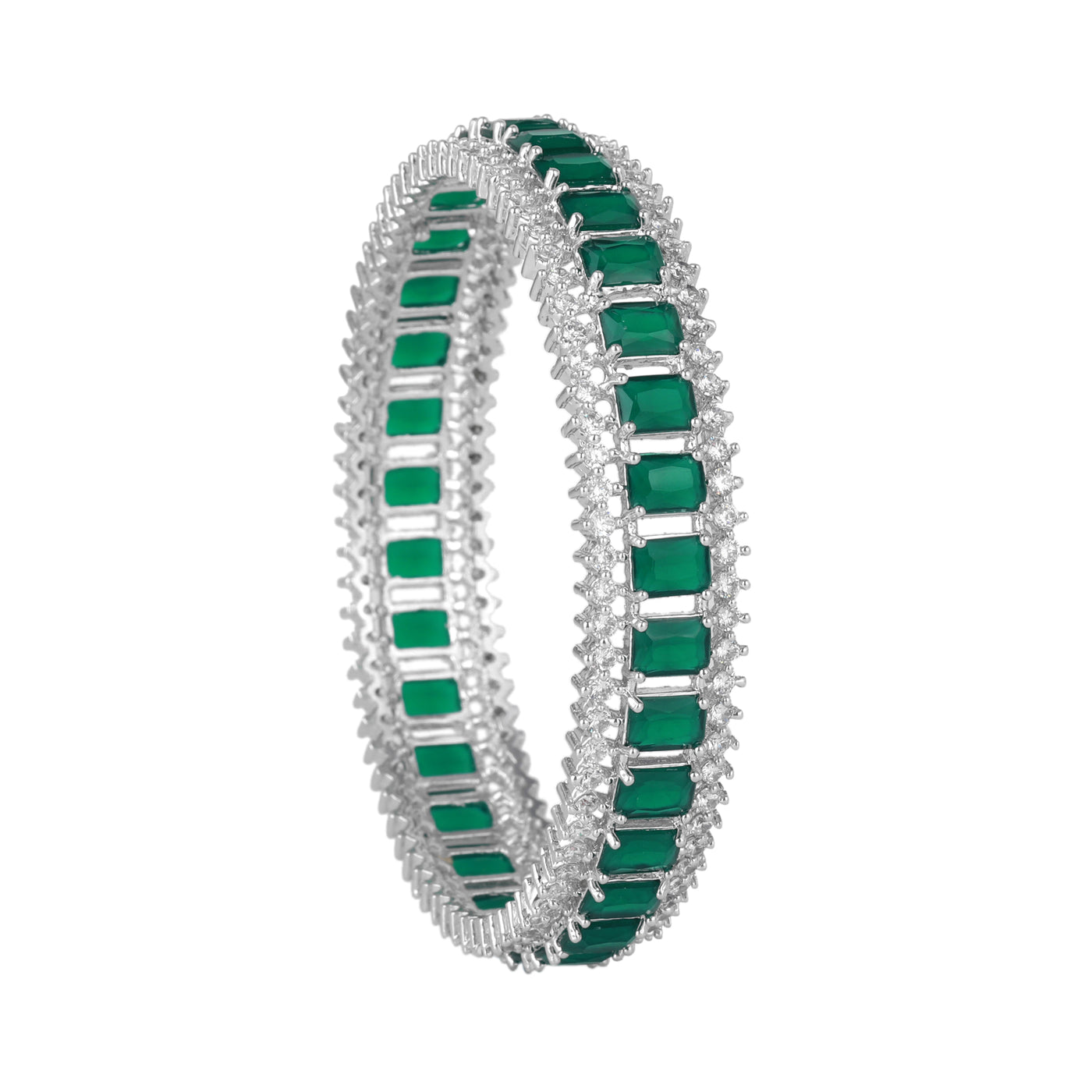 Estele Rhodium Plated CZ Captivating Designer Bangles with Green Stones for Women