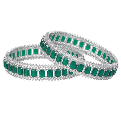 Estele Rhodium Plated CZ Captivating Designer Bangles with Green Stones for Women