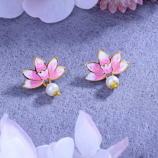 Estele Gold Plated Lotus Designer Elegant Pearl Drop Earrings with Pink Enamel for Girl's & Women