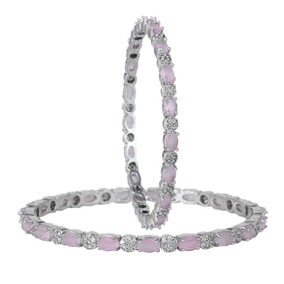 Estele Rhodium Plated CZ Splendid Designer Bangles with Mint Pink Stones for Women