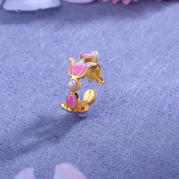 Estele Gold Plated Sparkling Lotus Designer Adjustable Finger Ring with Pearls & Pink Enamel for Girl's & Women