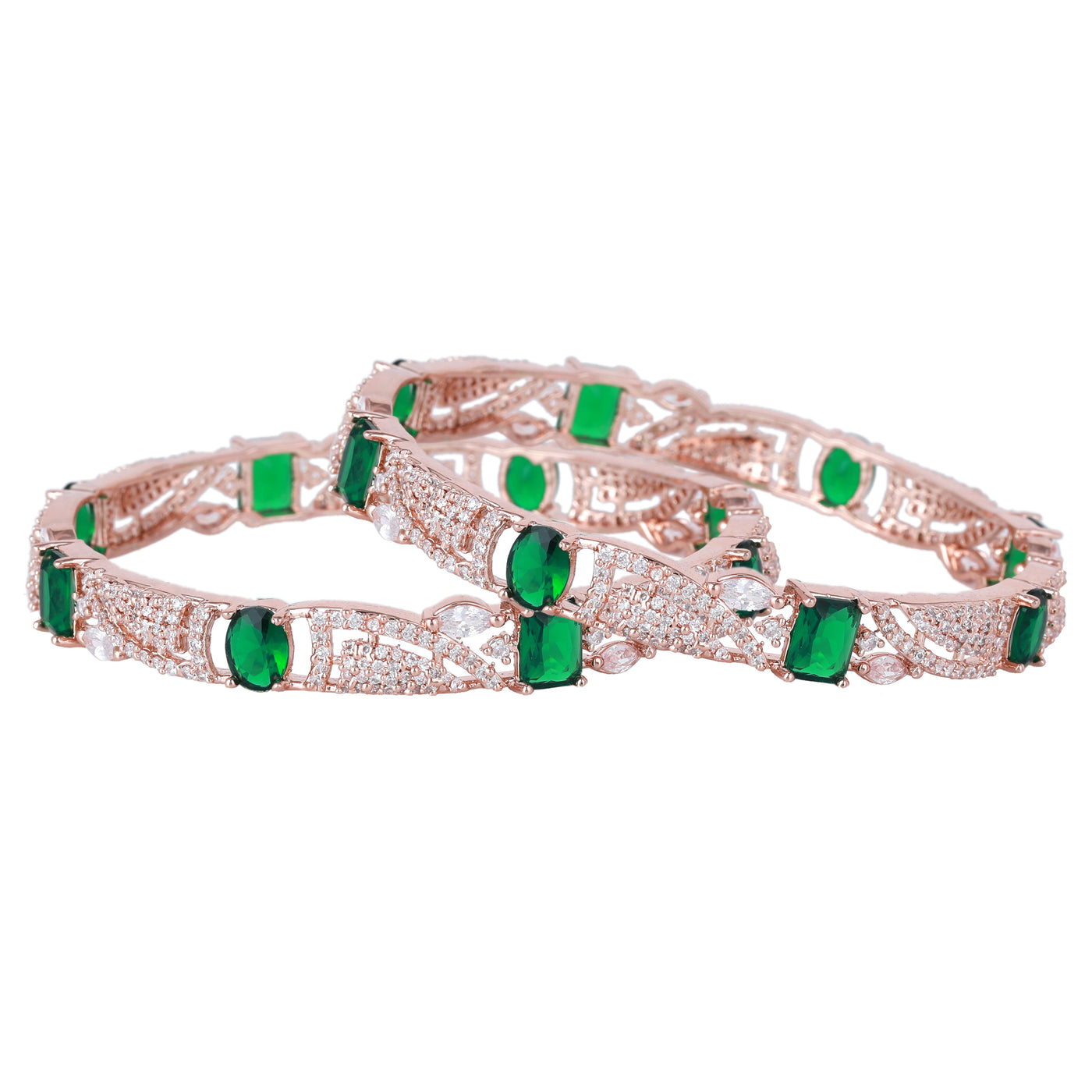 Estele Rose Gold Plated CZ Scintillating Designer Bangles with Green Stones for Women