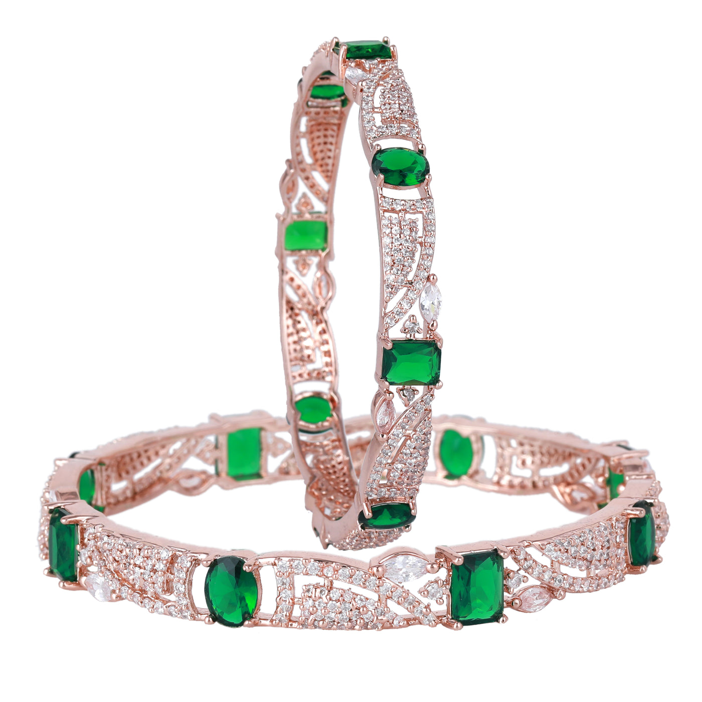 Estele Rose Gold Plated CZ Scintillating Designer Bangles with Green Stones for Women