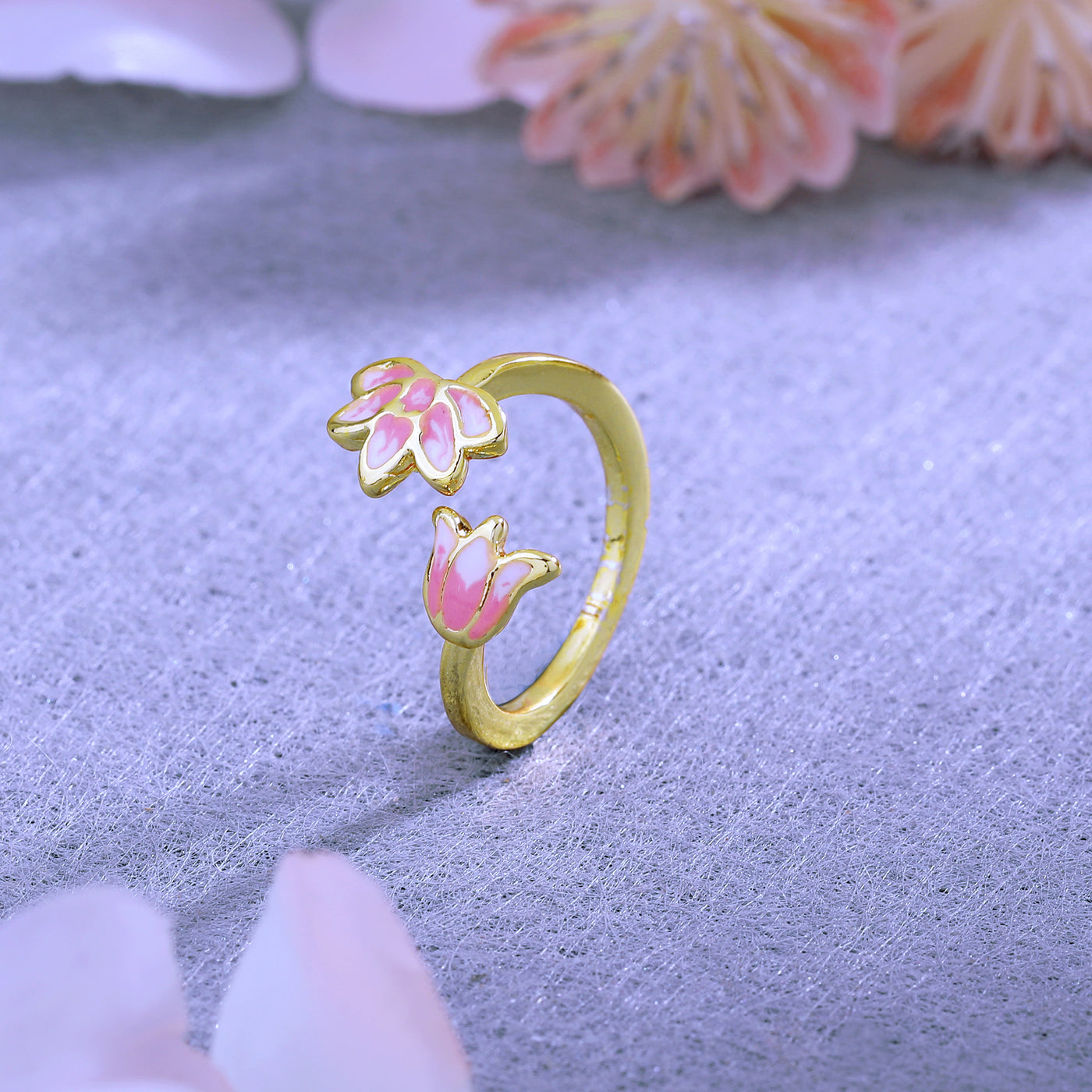 Estele Gold Plated Pink Enamelled Lotus Designer Adjustable Finger Ring for Girl's & Women