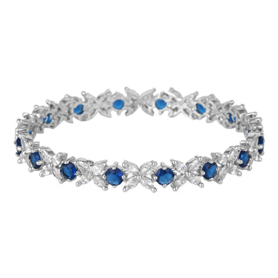 Estele Rhodium Plated CZ Flower Designer Bangles with Blue Stones for Women