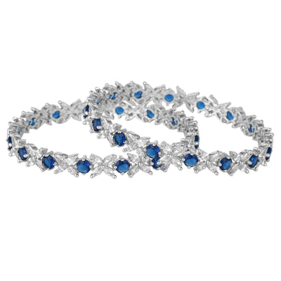 Estele Rhodium Plated CZ Flower Designer Bangles with Blue Stones for Women