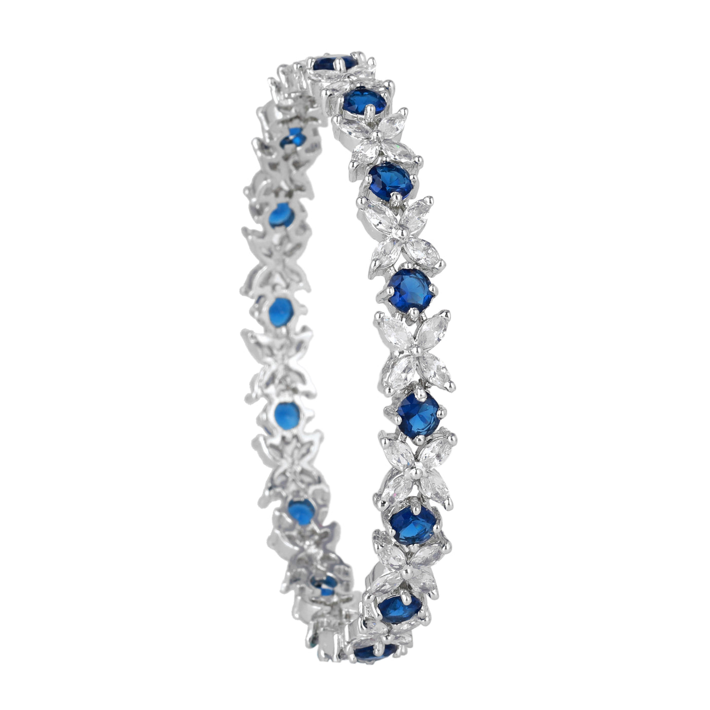 Estele Rhodium Plated CZ Flower Designer Bangles with Blue Stones for Women