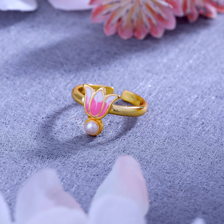 Estele Gold Plated Pink Enamelled Lotus Designer Stylish Adjustable Finger Ring with Pearl for Girl's & Women