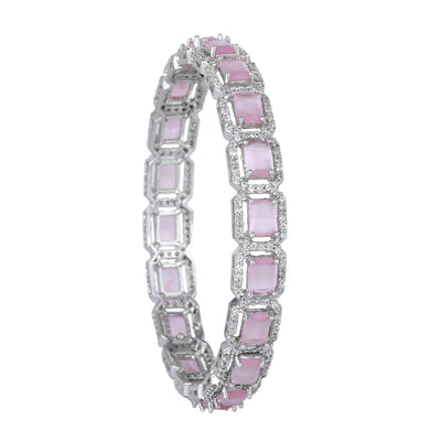 Estele Rhodium Plated CZ Radiant Square Designer Bangles with Mint Pink Stones for Women