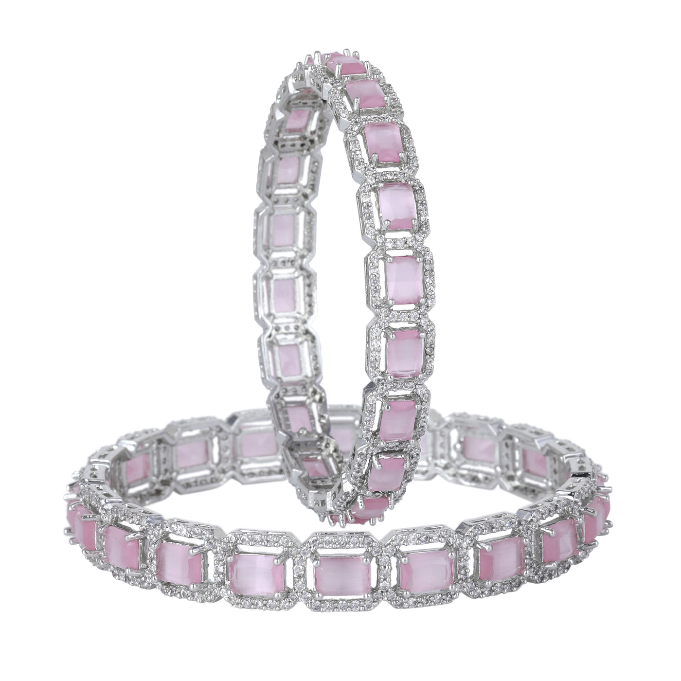 Estele Rhodium Plated CZ Radiant Square Designer Bangles with Mint Pink Stones for Women