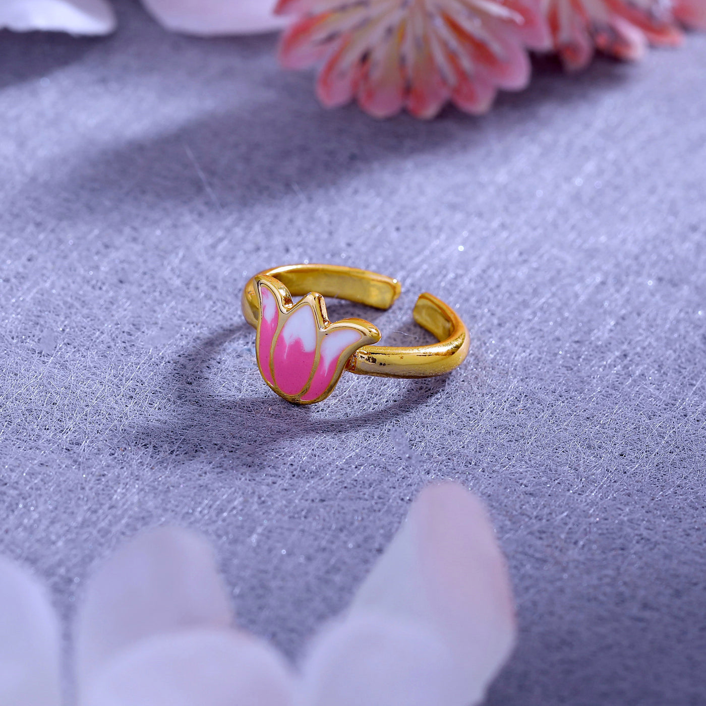 Estele Gold Plated Pink Enamelled Lotus Designer Stylish Adjustable Finger Ring for Girl's & Women