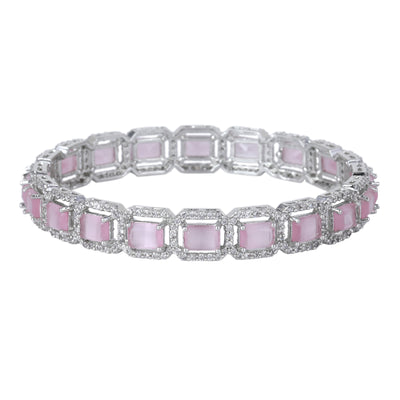 Estele Rhodium Plated CZ Radiant Square Designer Bangles with Mint Pink Stones for Women