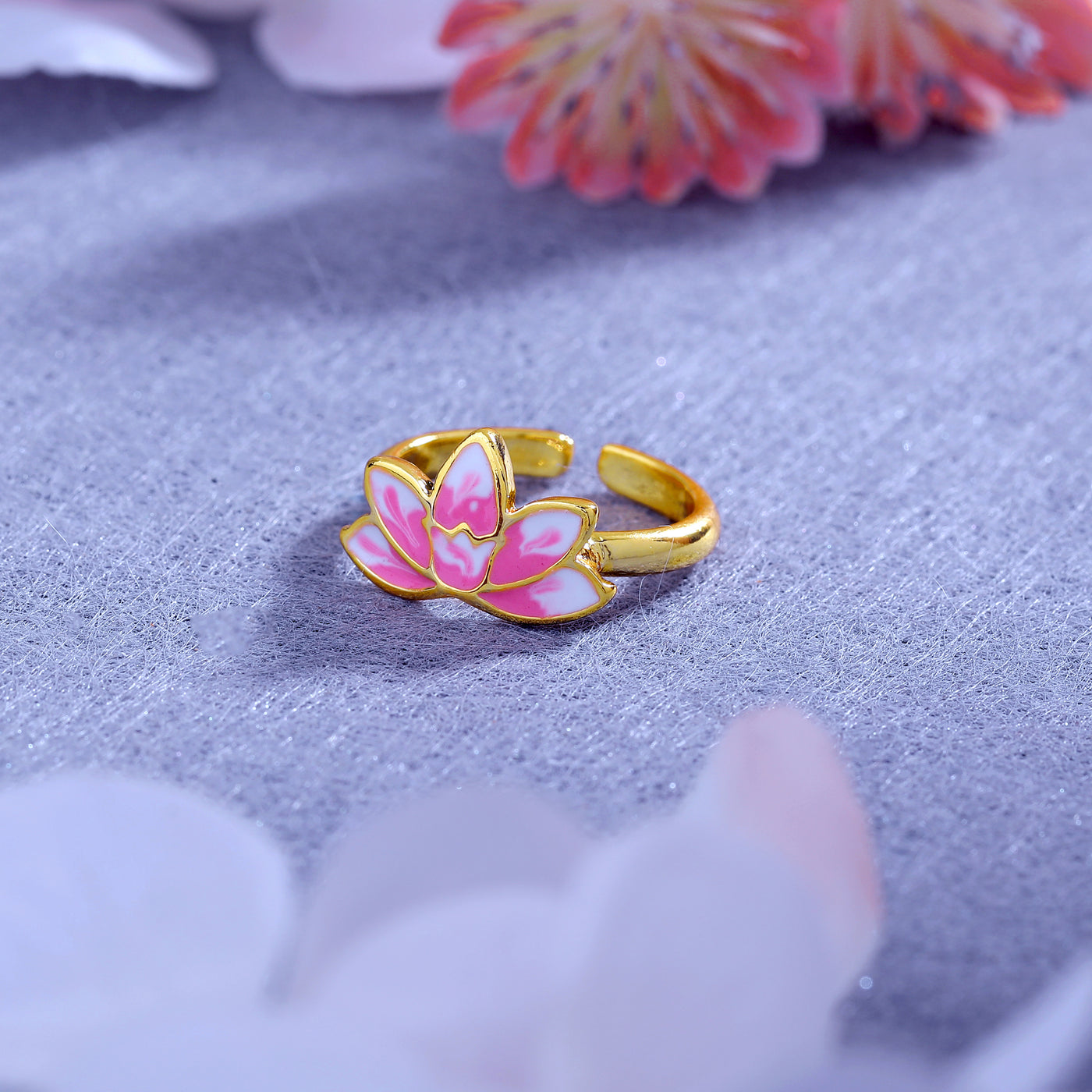 Estele Gold Plated Pink Enamelled Lotus Designer Stylish Adjustable Finger Ring for Girl's & Women