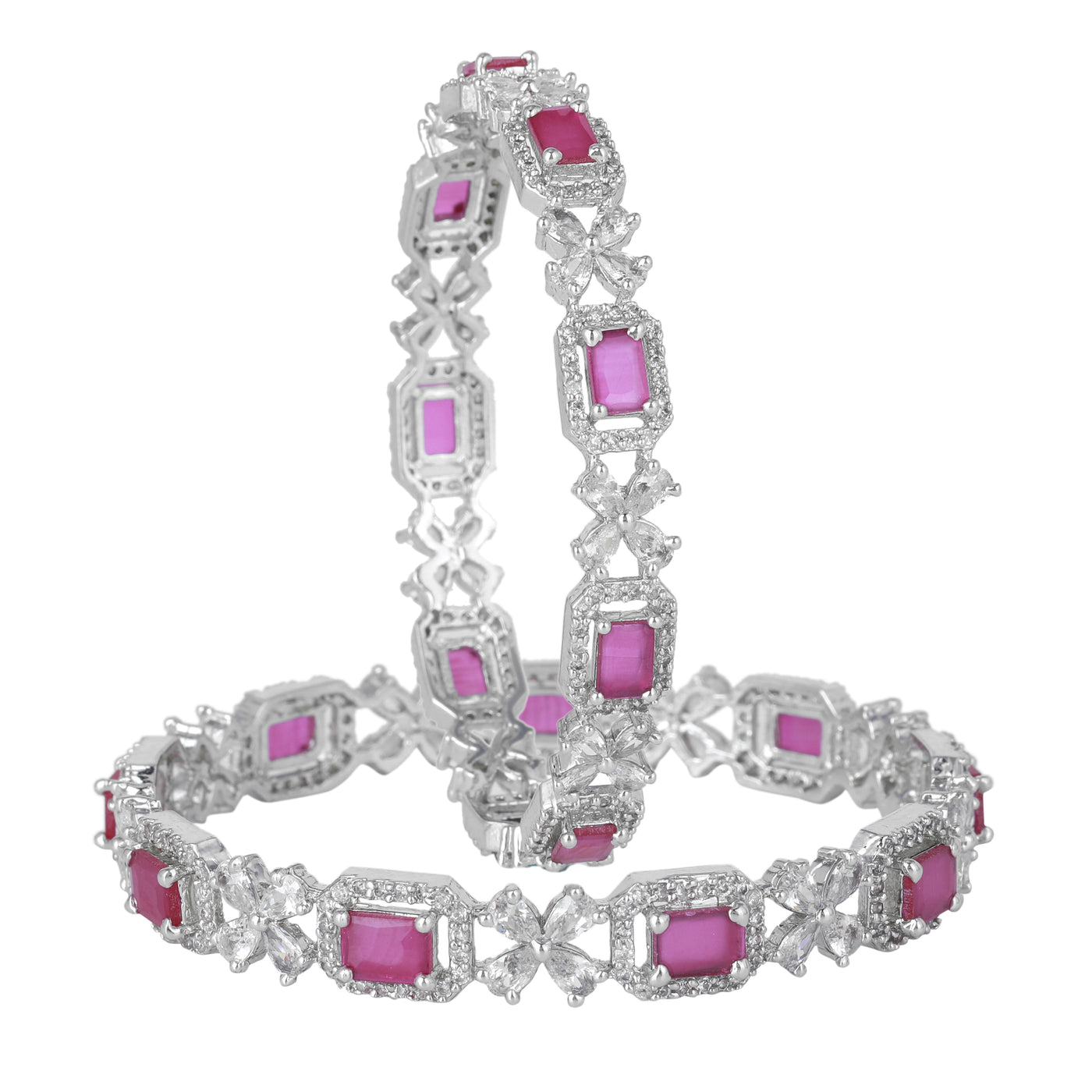 Estele Rhodium Plated CZ Floral  Designer Bangles with Ruby Stones for Women