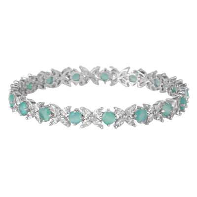 Estele Rhodium Plated CZ Flower Designer Bangles with Mint Green Stones for Women