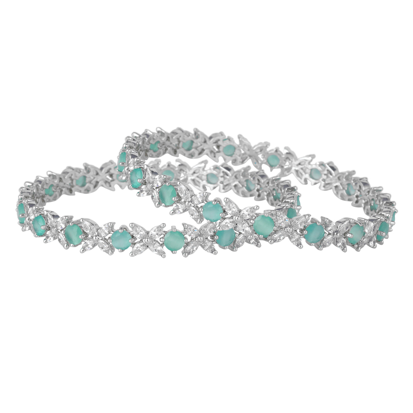 Estele Rhodium Plated CZ Flower Designer Bangles with Mint Green Stones for Women