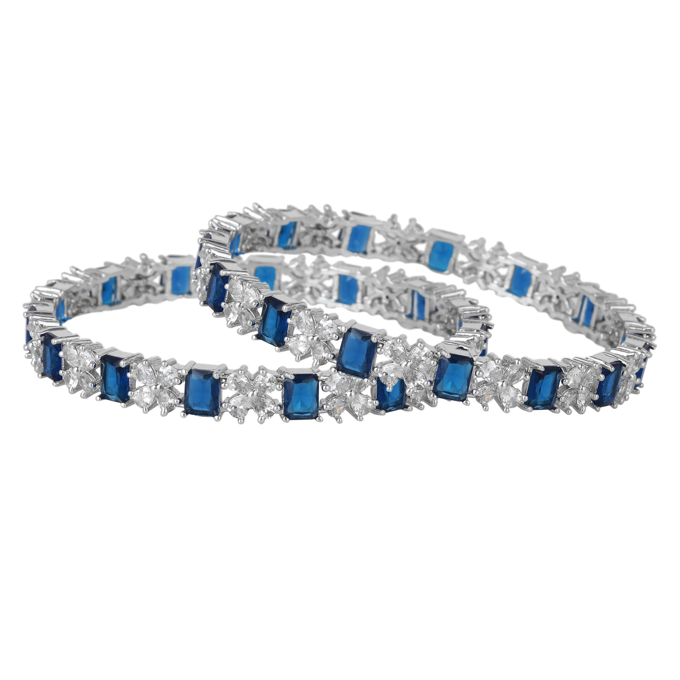 Estele Rhodium Plated CZ Twinkling Floral Designer Bangles with Blue Stones for Women