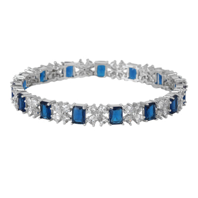 Estele Rhodium Plated CZ Twinkling Floral Designer Bangles with Blue Stones for Women