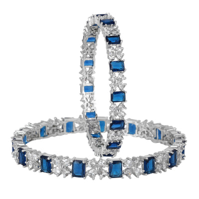 Estele Rhodium Plated CZ Twinkling Floral Designer Bangles with Blue Stones for Women