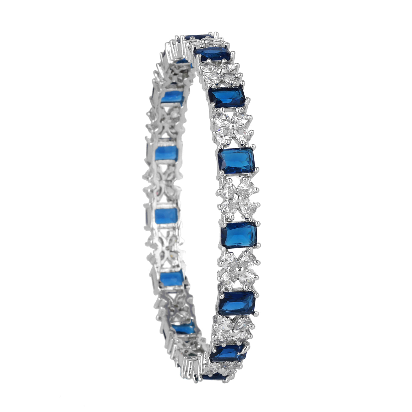 Estele Rhodium Plated CZ Twinkling Floral Designer Bangles with Blue Stones for Women