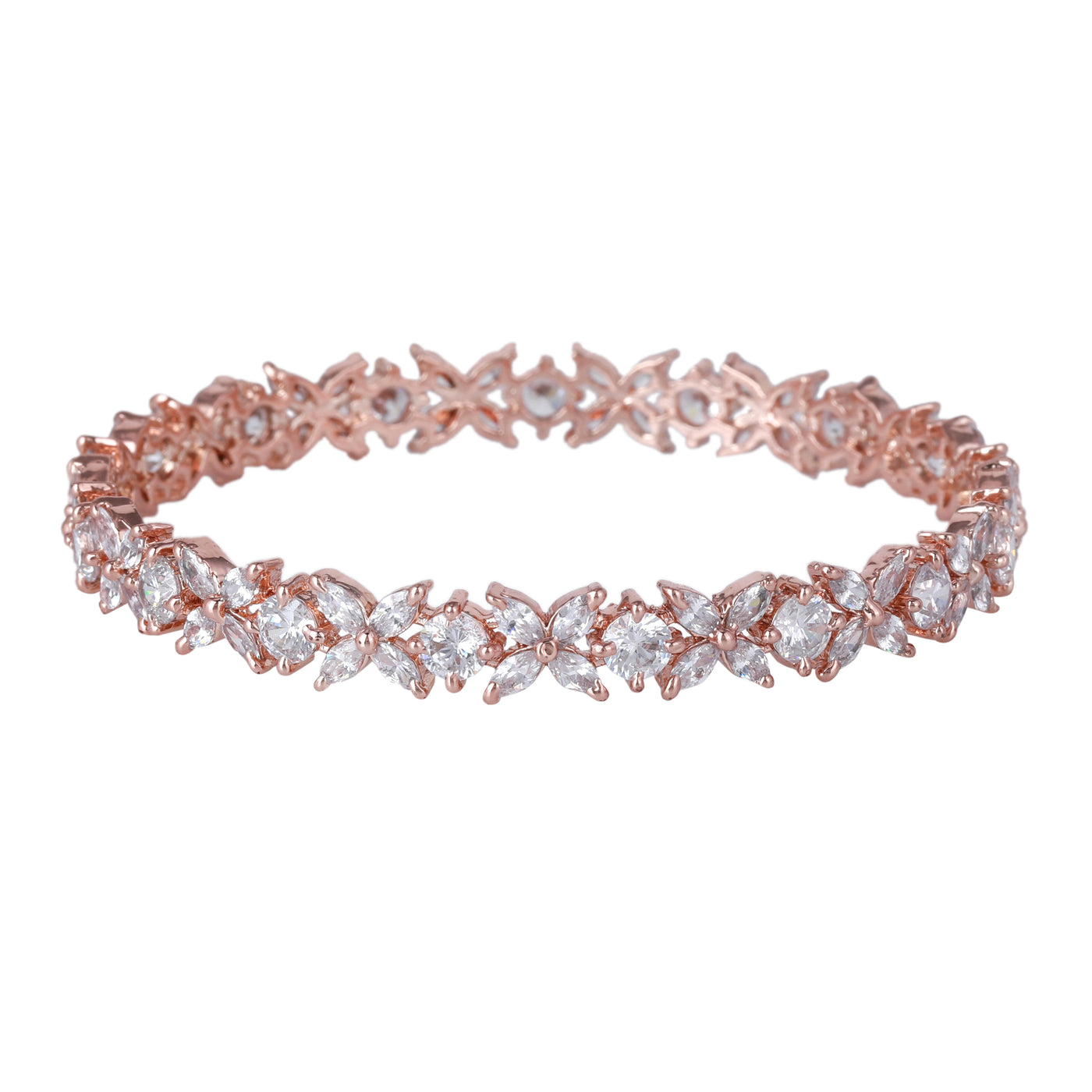 Estele Rose Gold Plated CZ Flower Designer Bangles with White Stones for Women