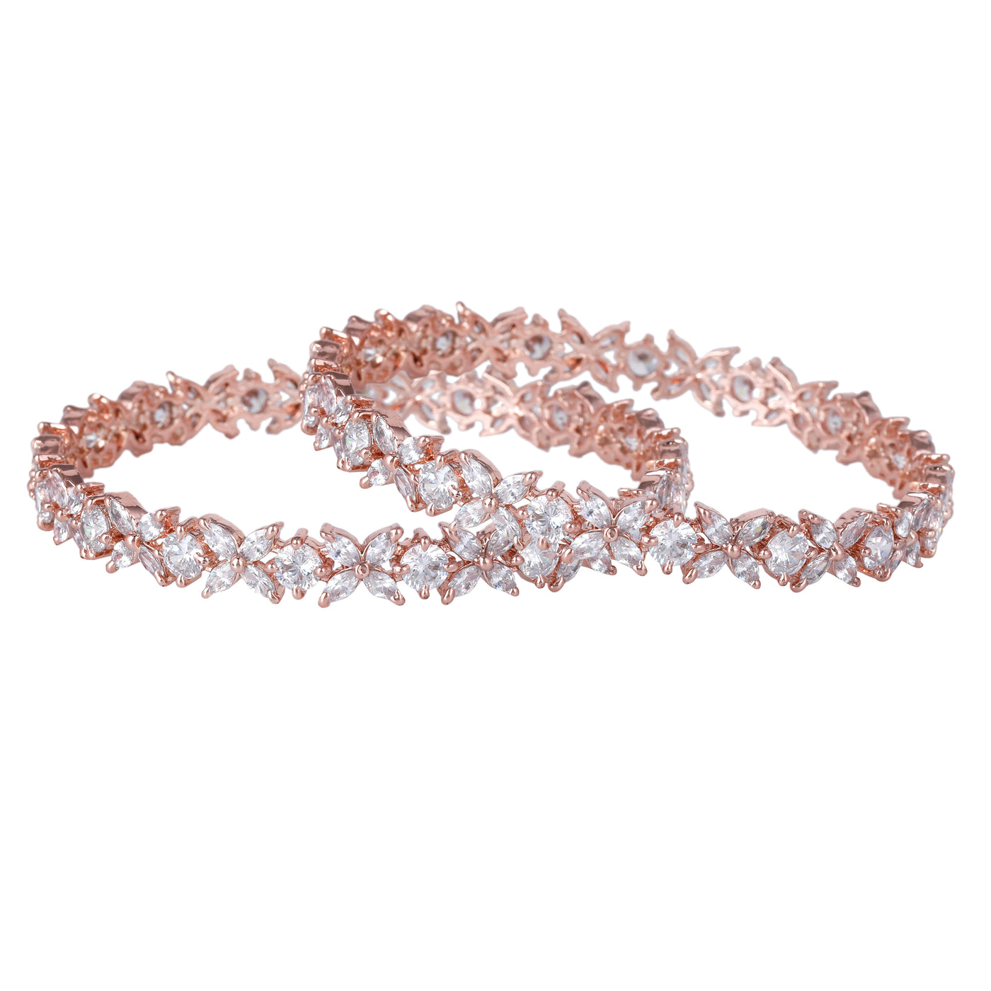 Estele Rose Gold Plated CZ Flower Designer Bangles with White Stones for Women