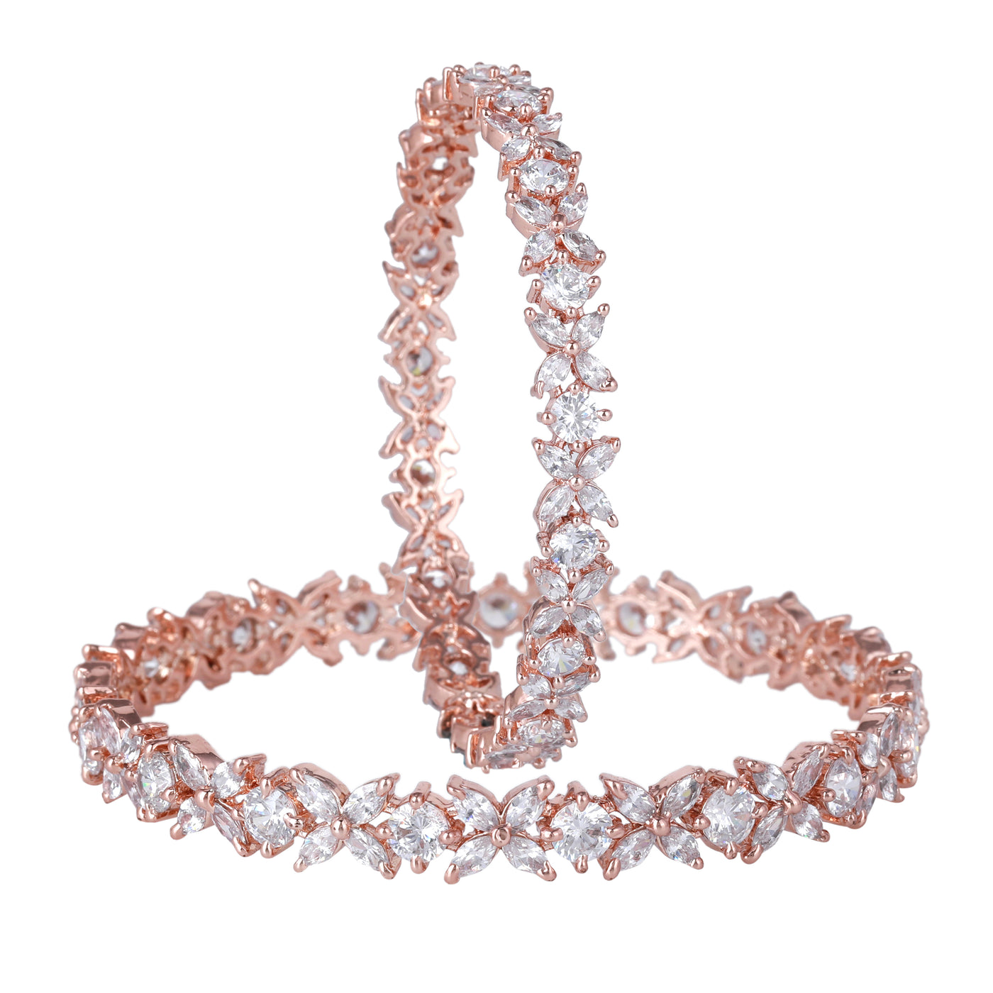 Estele Rose Gold Plated CZ Flower Designer Bangles with White Stones for Women