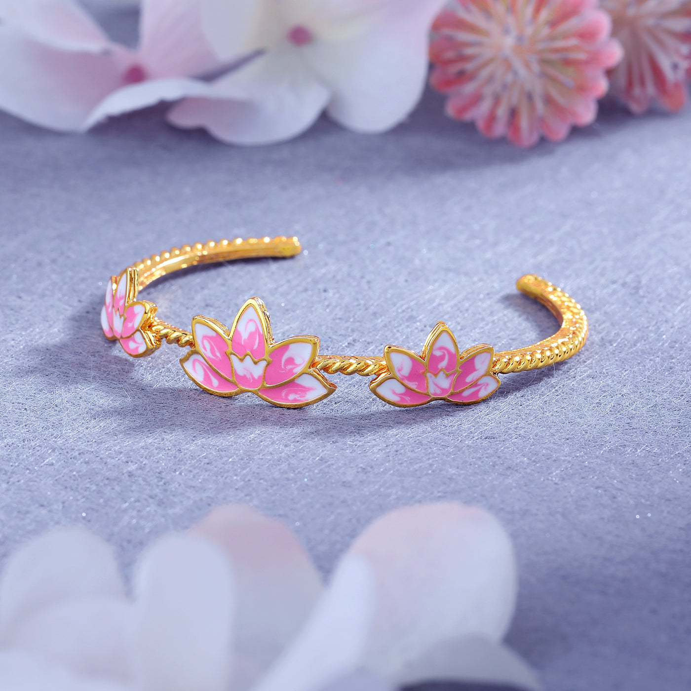 Estele Gold Plated Pink Enamelled Lotus Designer Charming Cuff Bracelet for Girl's & Women