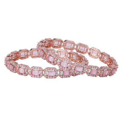 Estele Rose Gold Plated CZ Astonishing Bangles with Mint Pink Stones for Women