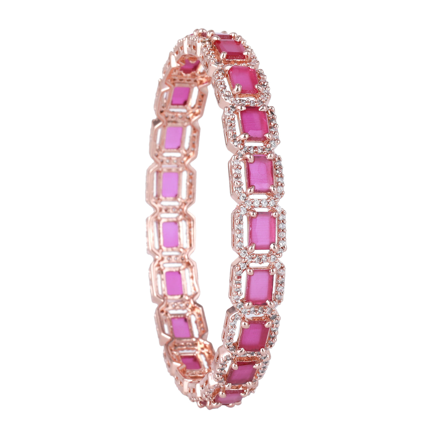 Estele Rose Gold Plated CZ Radiant Square Designer Bangles with Ruby Stones for Women