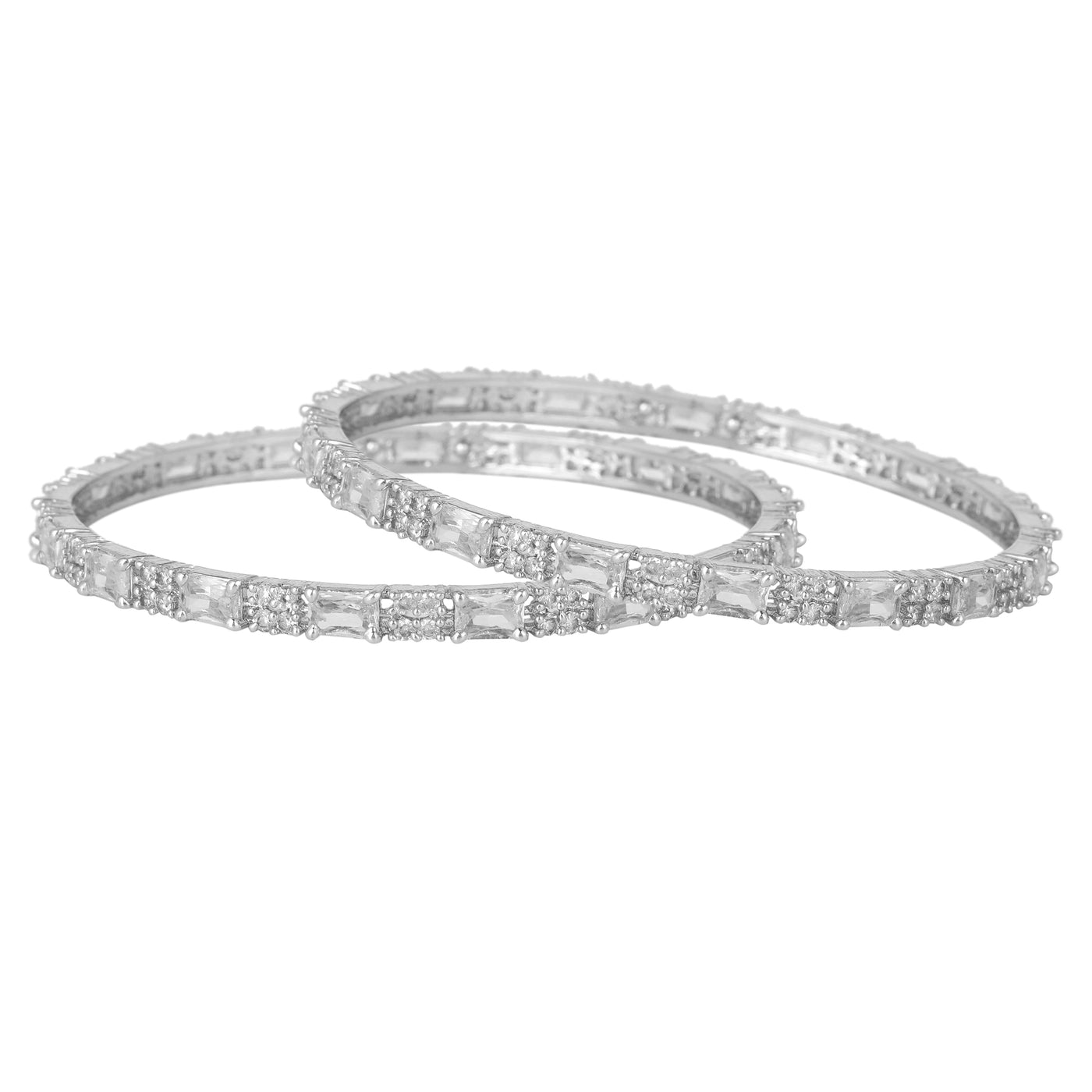 Estele Rhodium Plated CZ Shimmering Bangles with White Stones for Women