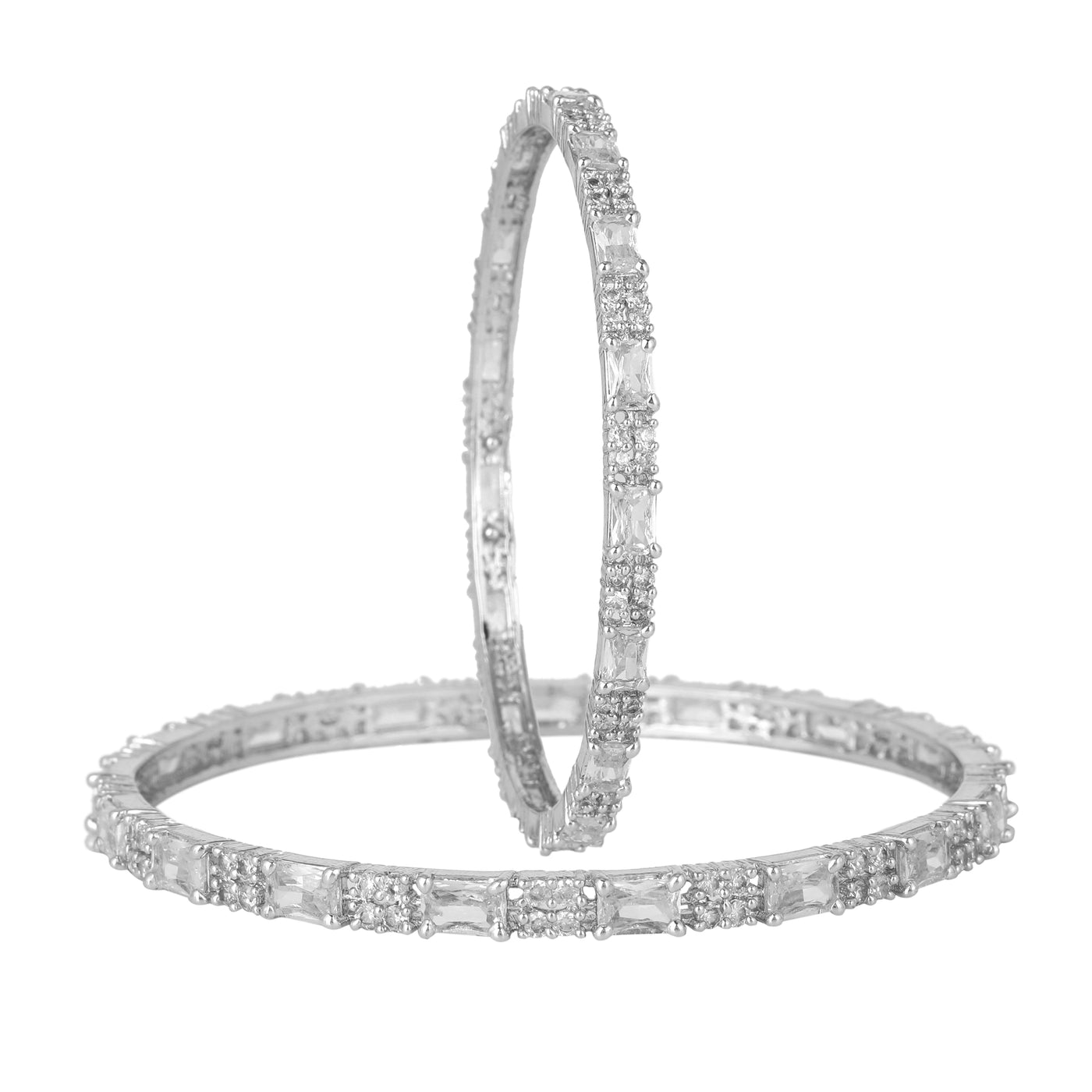 Estele Rhodium Plated CZ Shimmering Bangles with White Stones for Women